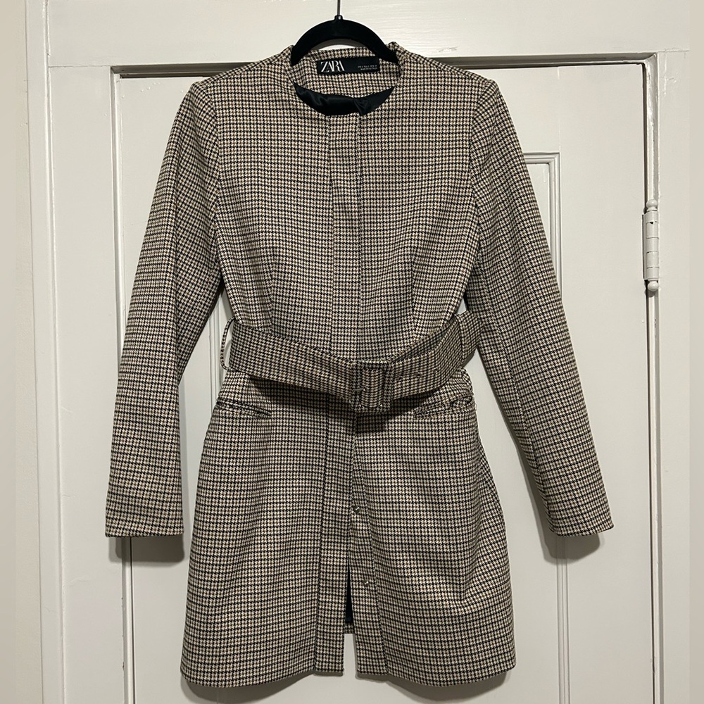Zara Structured Belted Houndstooth Frock Blazer